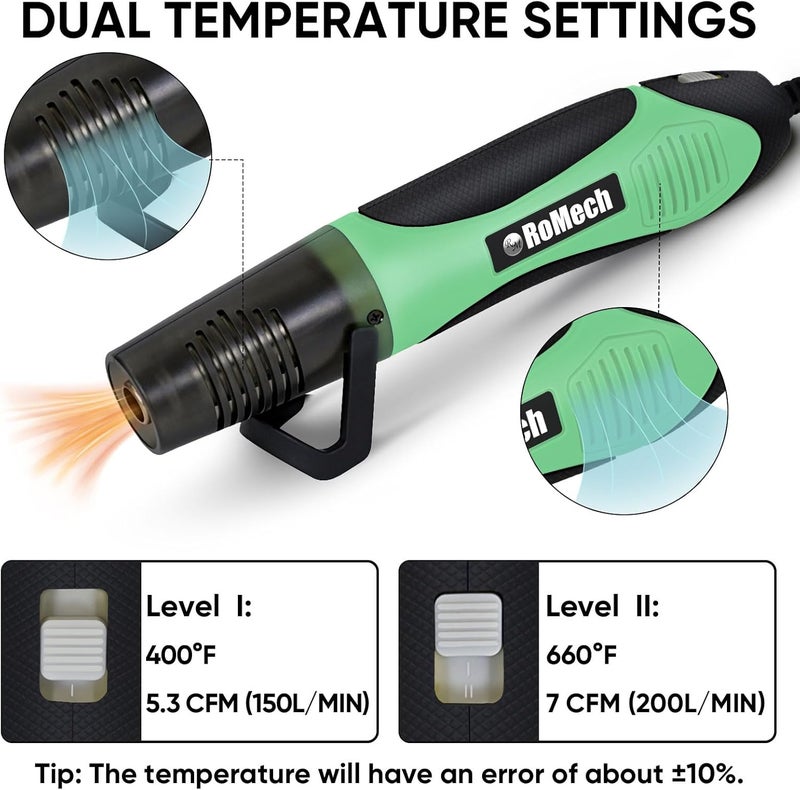 ROMECH 350W Heat Gun with 2 Nozzles, Dual Temp Heat Gun 400°F-660°F, Fast Heat Hot Air Gun with Overload Protection for DIY Craft Embossing Shrink Wrapping (Green) - Image 2